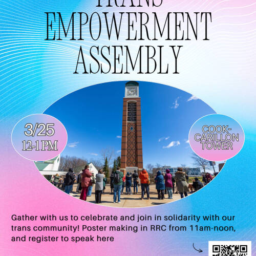 A picture from the 2025 trans empowerment assembly with a group of people gathered at the clocktower